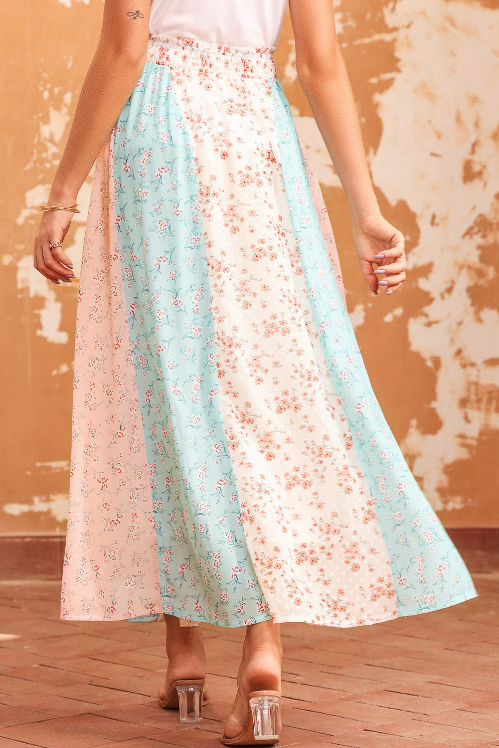 Floral Color Block Smocked Waist Maxi Skirt