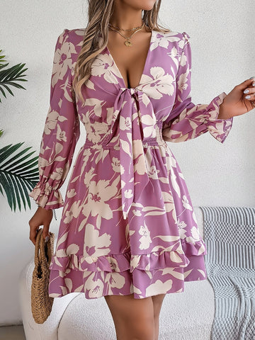 Tied Ruffled Printed Long Sleeve Dress