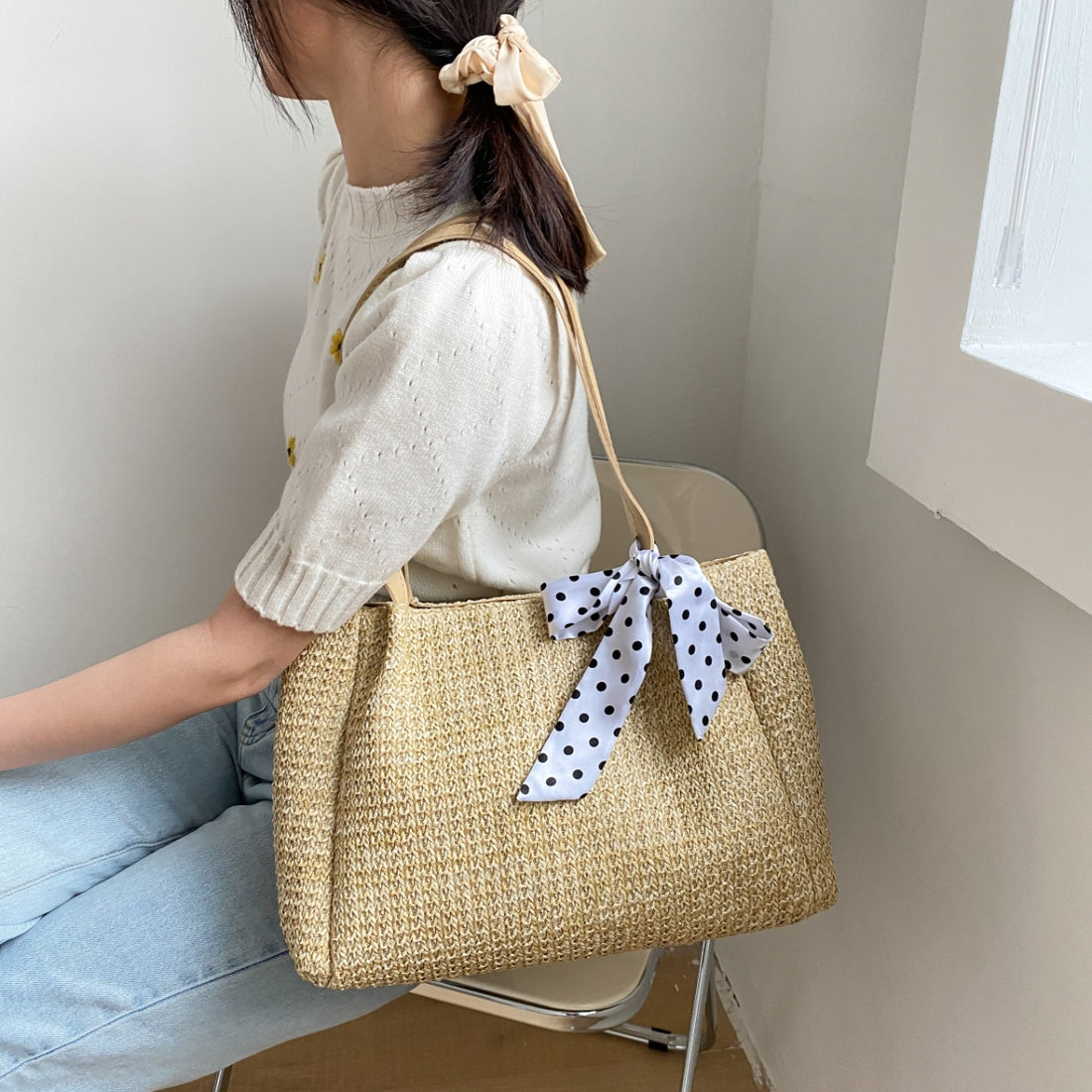 Straw Woven Leather Strap Handbag