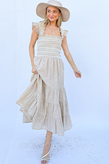 And The Why Linen Striped Ruffle Dress