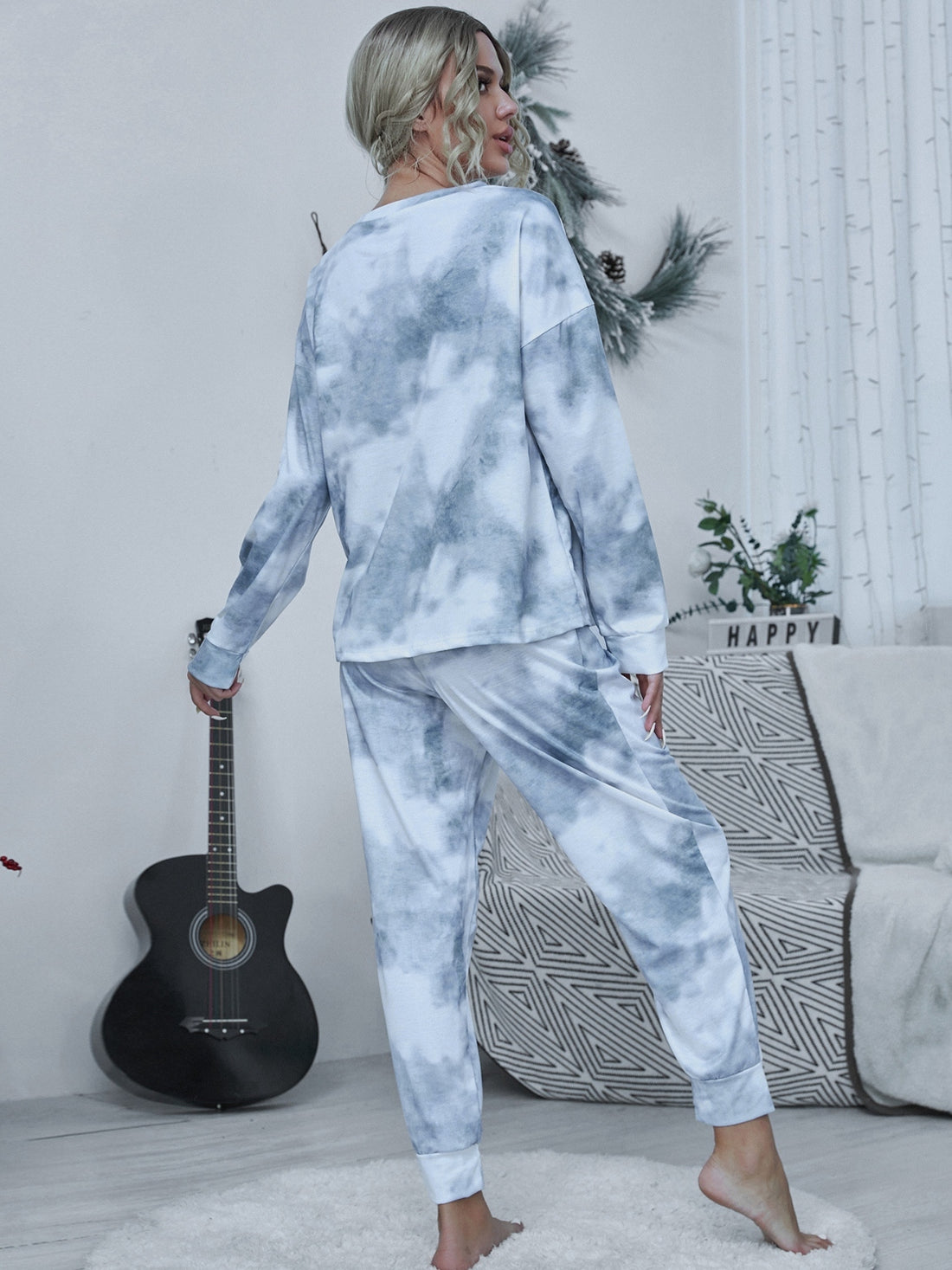 Tie-dye Round Neck Top and Drawstring Pants Lounge Set