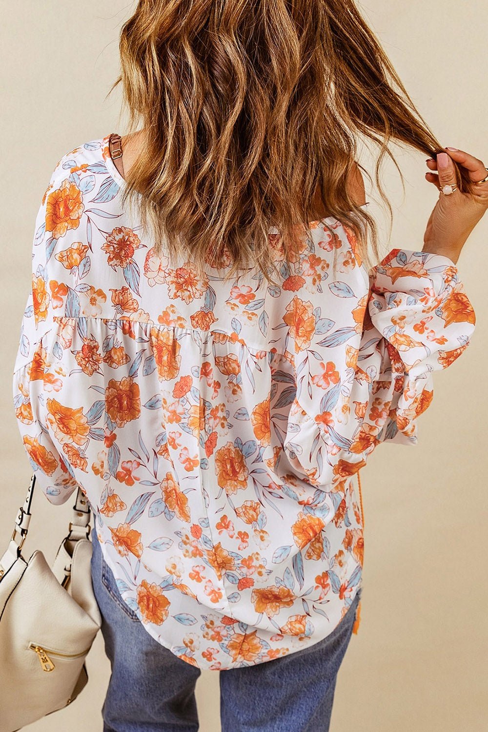 Floral Tie Neck Balloon Sleeve Blouse